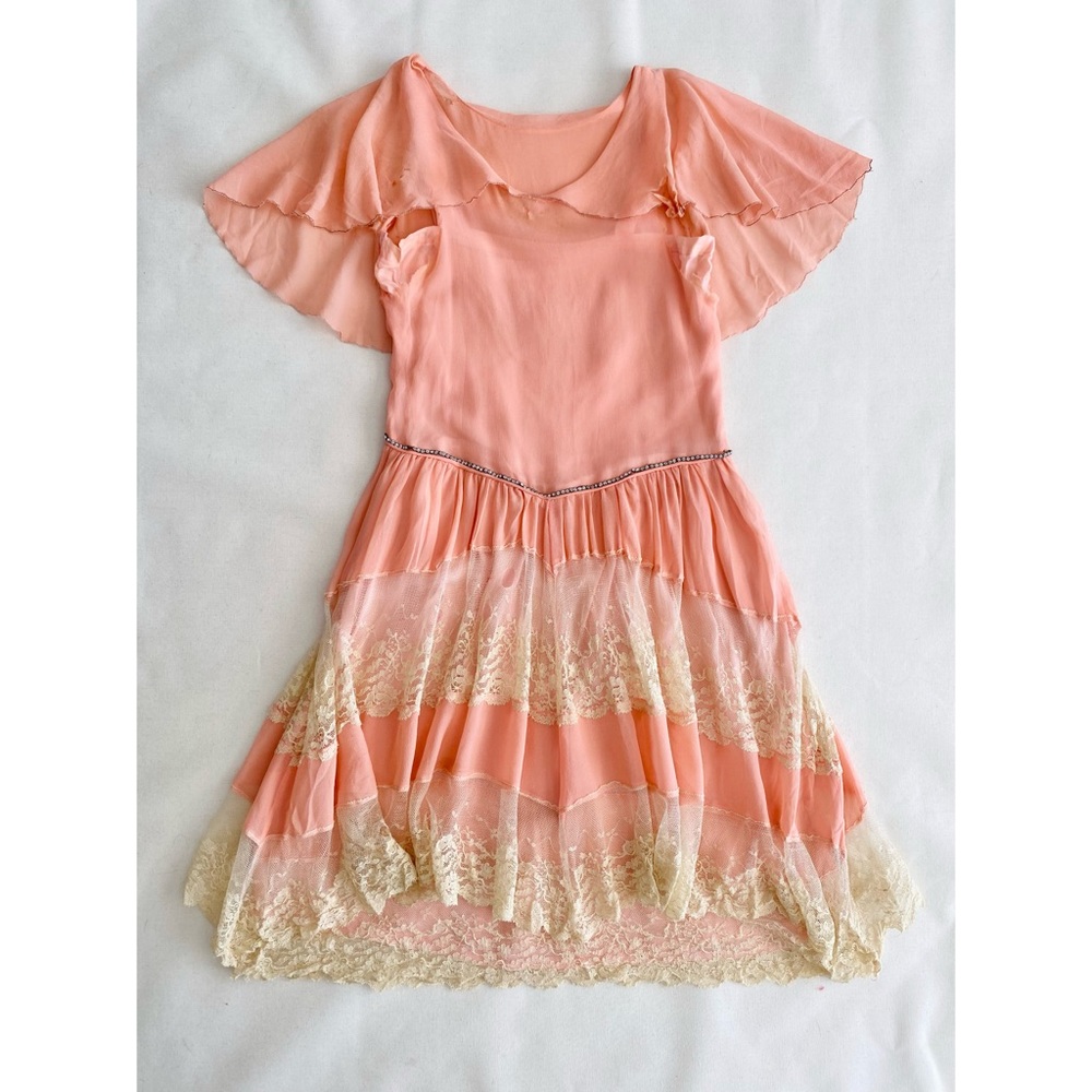 Vintage Victorian 1920s Flutter Pink Silk Tiered Ruffle Prairie Party Dress Flaw
